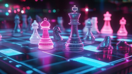 Strategic Board: A modern chess game set with glowing pieces on a digital chessboard, captured in a vibrant and futuristic setting, symbolizing strategy, intelligence, and competition.