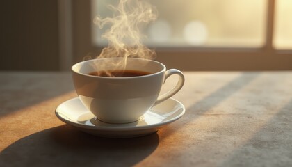 Steaming Cup of Coffee on a Wooden Table in Sunlight - Morning Relaxation and Warmth