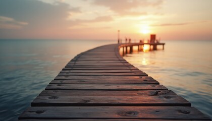 Fototapeta premium Tranquil Ocean Sunset Scene with Long Pier Extending into Calm Water