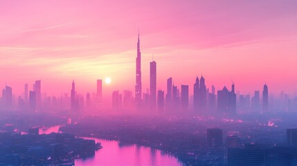 Fototapeta premium Dubai Sunrise City Skyline in Pink Haze