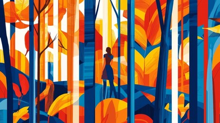 An abstract depiction of a vibrant forest scene featuring a woman and a deer.