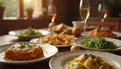 Elegant Italian Feast: Lasagna, Pasta, and Wine on a Rustic Wooden Table, Lit by Golden Sunlight