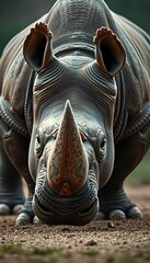 Massive rhino, lowered head, muscles tense, ready to charge, force, rhino