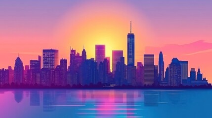 New York City Skyline Sunrise, Colorful, Flat Design, Cityscape