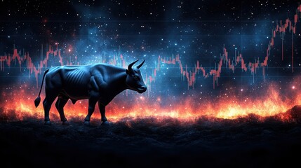 Candlestick charts stretching into infinity with a bull charging forward, copy space, focus on limitless possibilities, ethereal, overlay, backdrop of the starry universe
