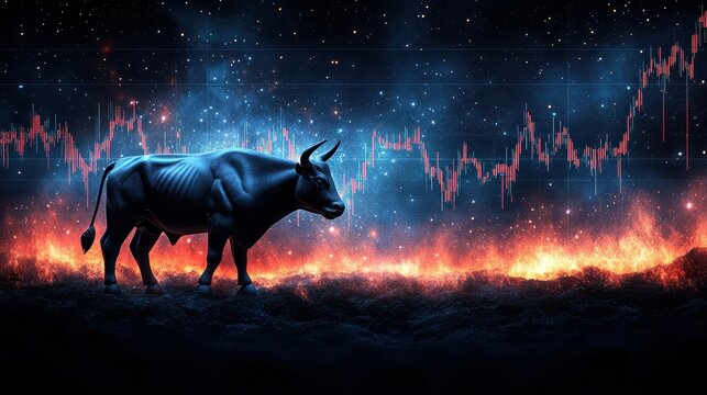 Candlestick charts stretching into infinity with a bull charging forward, copy space, focus on limitless possibilities, ethereal, overlay, backdrop of the starry universe