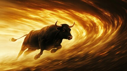 Vibrant gold and red candlestick charts swirling around a galloping bull
