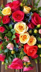Naklejka premium Rustic bouquet overflowing with vibrant roses and lush greenery, nature, wildflowers