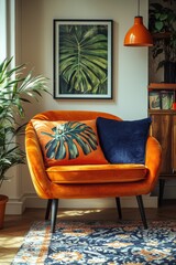Modern living room with orange armchair and botanical decor accents