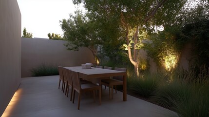 A large outdoor dining table with many chairs around it. The table is surrounded by bushes and trees