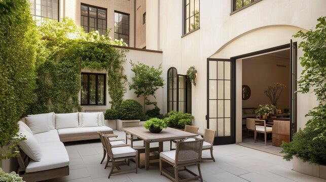 A patio with a table and chairs, and a large archway. The patio is surrounded by trees and has a garden