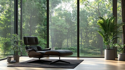 Chair and Footrest by Window with Forest View Adds Sophistication