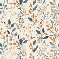 Elegant seamless floral pattern featuring blue and brown leaves.