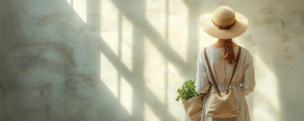 Woman with a bag of vegetables in sunlight, wearing a straw hat