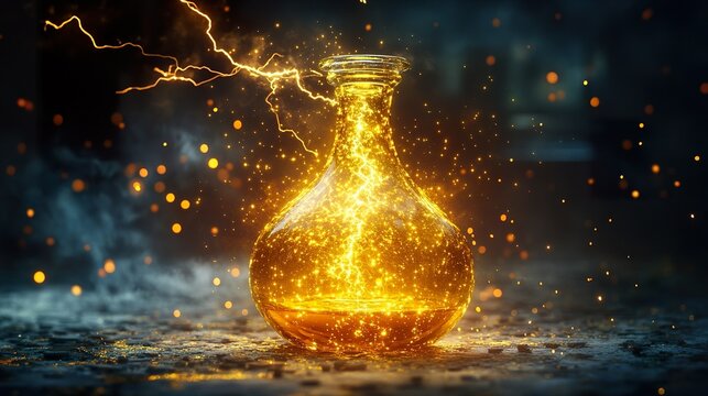 A mysterious golden elixir in an antique flask, casting tiny lightning sparks into the air as it reacts to unseen forces.