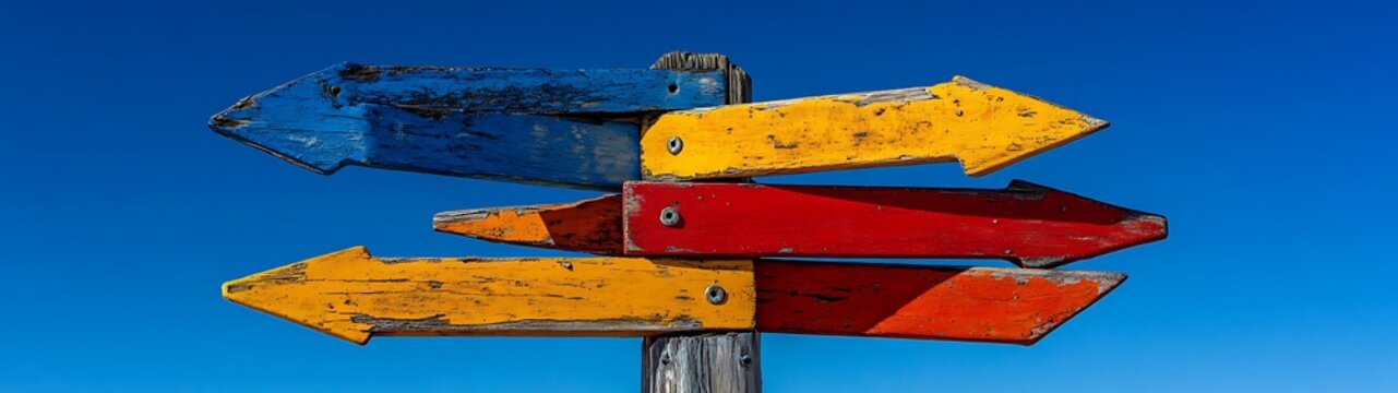 Colorful Directional Signs Against Blue Sky