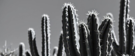 Stark black and white image of a desert cactus, emphasizing texture and form, sharp, saguaro