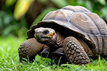 Fototapeta premium Galapagos giant tortoise walking on green grass