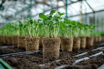 Young green leafy seedlings in a neat row within a greenhouse