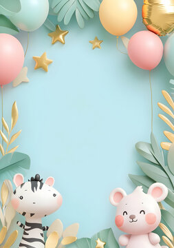 Cute animal characters framed by colorful balloons and leaves for a cheerful design.