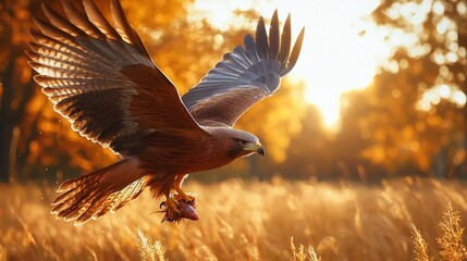 Majestic hawk in flight over golden field at sunset