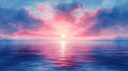 Fototapeta premium The sun rises gently above the calm ocean, casting a warm glow across the water, signaling a fresh start and the promise of happiness on the horizon.