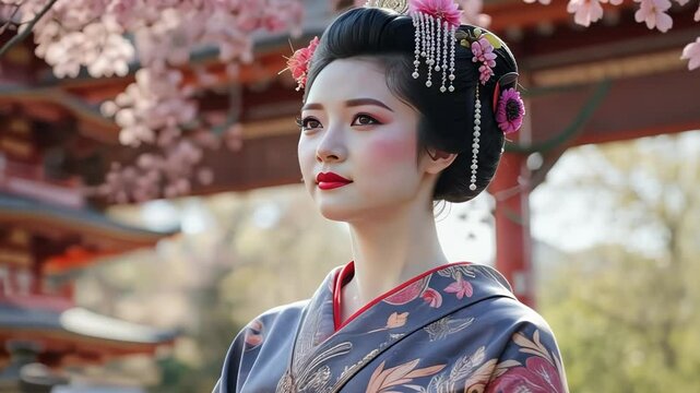 Elegant woman in traditional kimono standing under cherry blossoms  