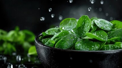 Fresh spinach leaves in a bowl, glistening with water droplets