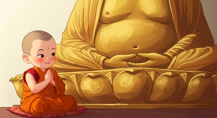 Young monk peacefully prays before golden Buddha statue warm light illuminates serene scene. AI Generated
