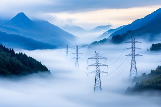 Electricity pylons disappearing in the morning mist in a mountain valley - Powered by Adobe