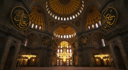 Obraz premium Grand Mosque Interior Golden Light. AI Generated