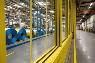 Glimpse Inside a Modern Industrial Facility Cylindrical Metal Rolls and Structural Yellow Partition