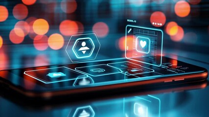 Futuristic smartphone is displaying heart icon and processing data with holographic effect, suggesting cyber security and data protection in online relationships - Powered by Adobe