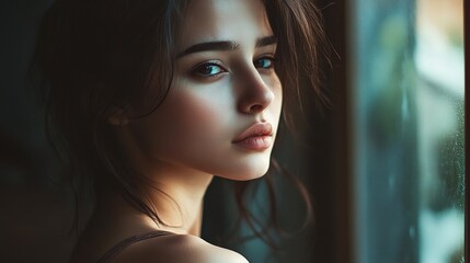 Naklejka premium Elegant Woman Standing by Window with Soft Natural Light