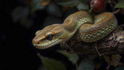 Obraz premium Serpent Coiled on a Tree Branch Near Forbidden Fruit – Symbol of Temptation