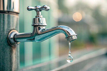 Fresh Water Droplet: A close-up captures a gleaming faucet with a single, clear water droplet suspended from its spout. The scene speaks to environmental sustainability.