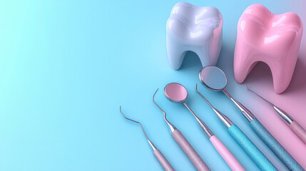 A pastel-themed dentist tools background with soft pink and blue hues, creating a calming effect