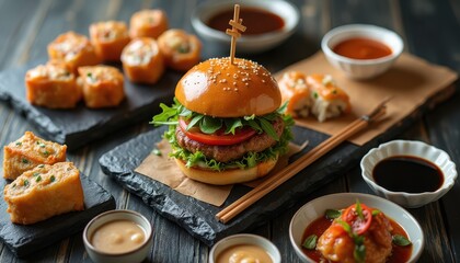 Burger with Japanese food delicacies on dark wood background for a culinary adventure.