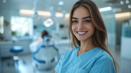 Fototapeta premium A professional dentist background with a patient receiving treatment in the background