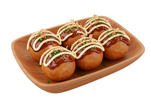 3d smoth Delicious Takoyaki Balls on Wooden Plate A Culinary Delight Japanese Street Food Snack