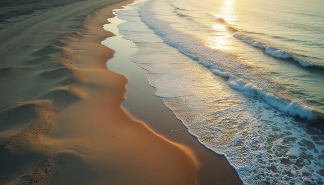 Aerial view of a golden shoreline with gentle waves and sandy dunes bathed in sunlight