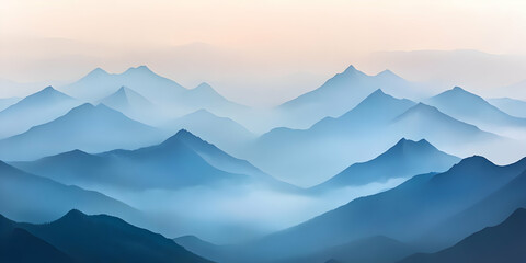 Fototapeta premium Serene mountain landscape with layered blue hues and soft mist at dawn.