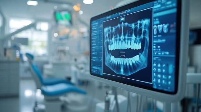 A technology-driven dentist background with a smart touch-screen interface in the clinic
