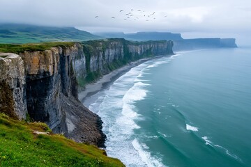 Obraz premium Cliffs of Moher rising above the ocean with birds flying over on a cloudy day