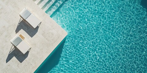 Two sunbeds beside swimming pool with clear water on sunny day