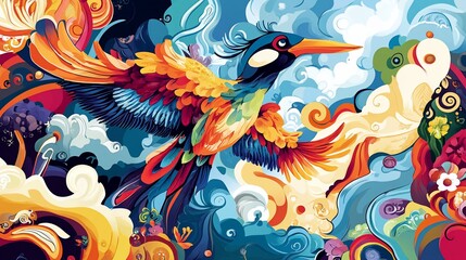 Vibrant colorful bird in flight amidst swirling abstract clouds and floral patterns.