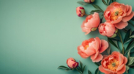 Photo of coral peonies on a green background, a flat lay with copy space. Stock photo, light color theme, soft tone, clean and simple design, thin line art illustration style, Generative AI