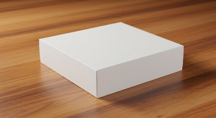 Clean white square box sits elegantly on warm wood surface bathed in soft light. AI Generated