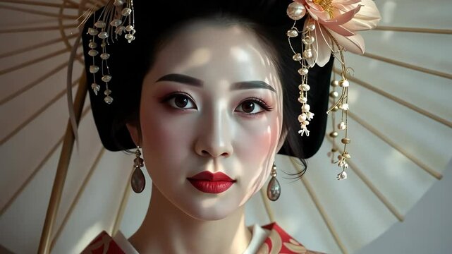 Elegant woman with traditional parasol displaying serene expression  