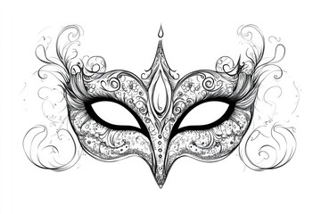 A black and white line drawing depicts a stylized masquerade mask, emphasizing intricate patterns and decorative swirls